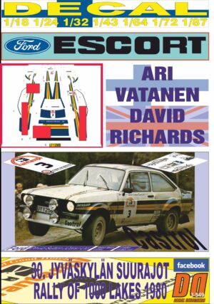 DECAL FORD ESCORT RS 1800 MKII A.VATANEN R.1000 LAKES 1980 2nd (01)