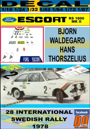 DECAL FORD ESCORT RS 1800 MK II B.WALDEGARD SWEDISH R. 1978 WINNER (01)
