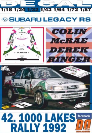 DECAL SUBARU LEGACY RS C.McRAE 1000 LAKES R. 1992 8th