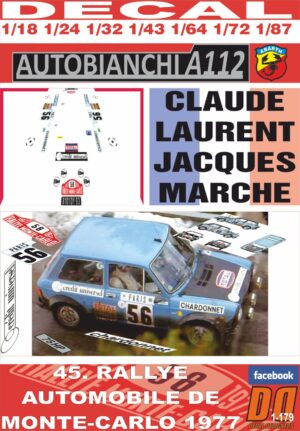 DECAL AUTOBIANCHI A112 ABARTH C. LAURENT R. MONTECARLO 1977 19th (01)