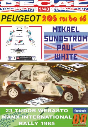 DECAL PEUGEOT 205 TURBO 16 M.SUNDSTROM MANX INTERNATIONAL R. 1985 DnF (01)