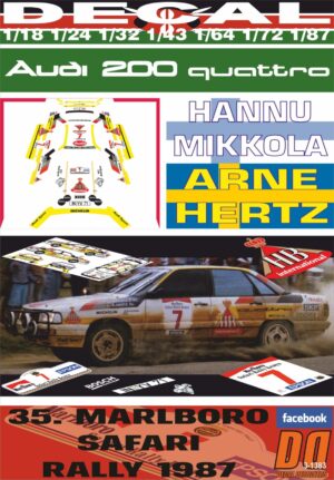 DECAL AUDI 200 QUATTRO H.MIKKOLA SAFARI R. 1987 WINNER