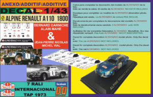 ANEXO DECAL 1/43 ALPINE A 110 1800 J-P NICOLAS & B.DARNICHE TAP 1973 (01)