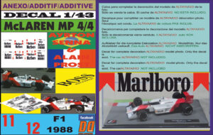 ANEXO DECAL 1/43 MCLAREN MP 4/4 1988 MARLBORO AYRTON SENNA & ALAIN PROST