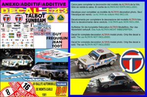 ANEXO DECAL 1/43 TALBOT SUNBEAM H.TOIVONEN or G.FREQUELIN R.MONTECARLO 1981 (01)