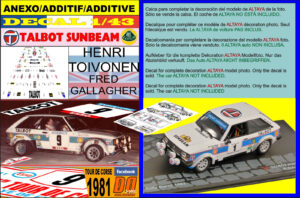 ANEXO DECAL 1/43 TALBOT SUNBEAM LOTUS HENRI TOIVONEN TOUR DE CORSE 1981 DnF (01)
