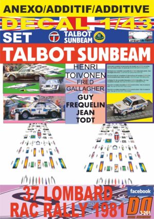 ANEXO DECAL 1/43 TALBOT SUNBEAM TOIVONEN & FREQUELIN RAC R. 1981 (01)