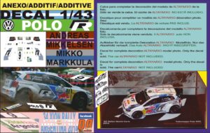 ANEXO DECAL 1/43 VOLKSWAGEN POLO R WRC A.MIKKELSEN R.ARGENTINA 2014 4th (01)