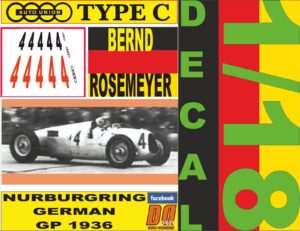 DECAL 1/18 AUTO UNION "TYPE C" B.ROSEMEYER GERMAN GP 1936 (01)
