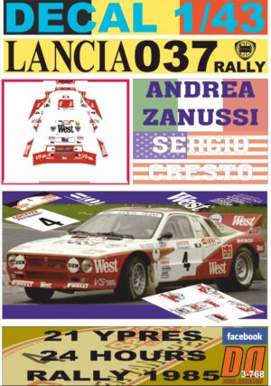 DECAL 1/43 LANCIA 037 RALLY A.ZANUSSI YPRES 24 R. 1985 DnF (01)