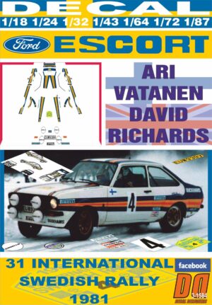 DECAL FORD ESCORT RS 1800 MKII A.VATANEN SWEDISH R. 1981 2nd