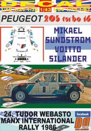DECAL PEUGEOT 205 T16 M.SUNDSTROM  MANX INTER. R. 1986 4th (01)
