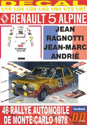 DECAL RENAULT 5 ALPINE J.RAGNOTTI R.MONTECARLO 1978 2nd (01)