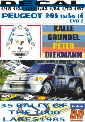 DECAL PEUGEOT 205 TURBO 16 E2 K.GRUNDEL 1000 LAKES R. 1985 5th (01)