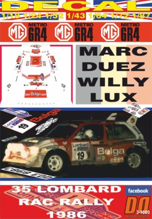 DECAL MG METRO 6R4 BELGA MARC DUEZ RAC R. 1986 DnF