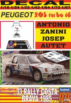 DECAL PEUGEOT 205 Turbo 16 A.ZANINI R. COSTA BRAVA 1985 DnF (01)