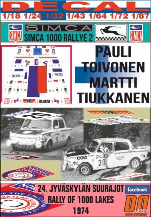 DECAL SIMCA 1000 RALLYE 2 P.TOIVONEN R.1000 LAKES 1974 25th (01)