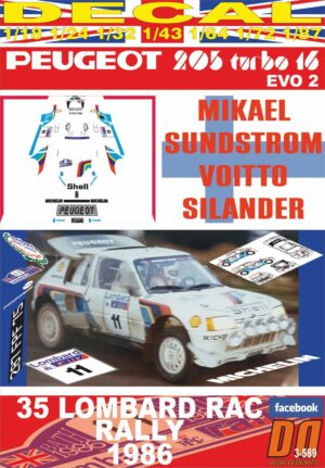 DECAL PEUGEOT 205 TURBO 16 E2 M.SUNDSTROM RAC R. 1986 4th (01)