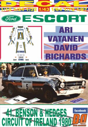 DECAL FORD ESCORT RS 1800 MKII A.VATANEN C.OF IRELAND 1980 2nd (01)