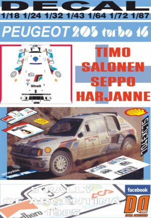 DECAL PEUGEOT 205 TURBO 16 E2 T.SALONEN R.ARGENTINA 1985 WINNER (01)