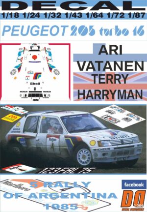 DECAL PEUGEOT 205 TURBO 16 E2 A.VATANEN R.ARGENTINA 1985 DnF (01)