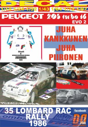 DECAL PEUGEOT 205 TURBO 16 E2 J.KANKKUNEN RAC R. 1986 3rd (01)