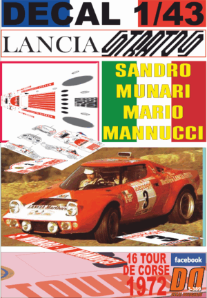 DECAL 1/43 LANCIA STRATOS HF S.MUNARI TOUR DE CORSE 1972 DnF (01)