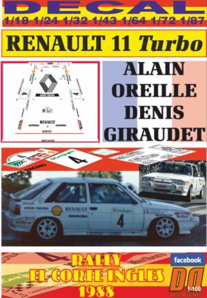 DECAL RENAULT 11 TURBO A. OREILLE R. EL CORTE INGLES 1988 5th (01)