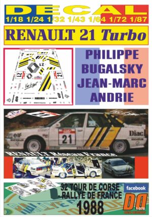 DECAL RENAULT 21 TURBO LE MANS 1986 P. BUGALSKI TOUR DE CORSE 1988 DnF (01)