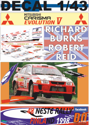 DECAL 1/43 MITSUBISHI CARISMA GT EVO V R.BURNS R.FINLAND 1998 5th (01)