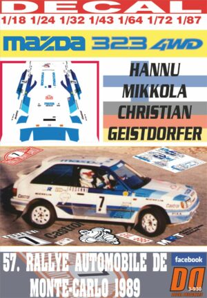 DECAL MAZDA 323 4WD H.MIKKOLA R. MONTECARLO 1989 4th (01)