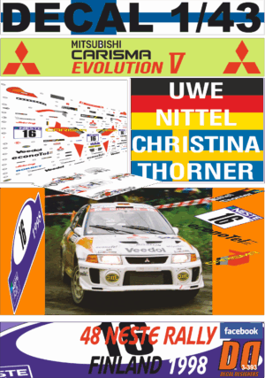 DECAL 1/43 MITSUBISHI CARISMA GT EVO V UWE NITTEL R.FINLAND 1998 DnF (01)