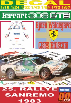 DECAL FERRARI 308 GTB BJORN WALDEGARD RALLY SANREMO 1983 DnF (01)