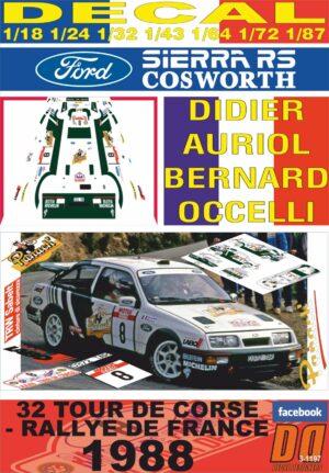 DECAL FORD SIERRA RS COSWORTH D.AURIOL T.DE CORSE 1988 WINNER (01)