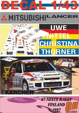 DECAL 1/43 MITSUBISHI LANCER EVO III UWE NITTEL R.FINLAND 1997 7th (01)