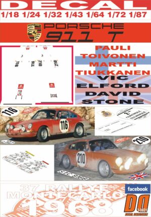 DECAL PORSCHE 911 T P.TOIVONEN & V.ELFORD R.MONTECARLO 1968 (01)