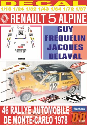 DECAL RENAULT 5 ALPINE G.FREQUELIN R.MONTECARLO 1978 3rd (01)