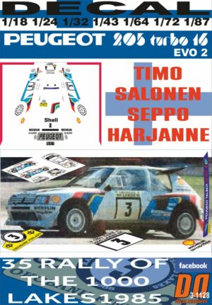 DECAL PEUGEOT 205 TURBO 16 E2 T.SALONEN 1000 LAKES R. 1985 WINNER (01)