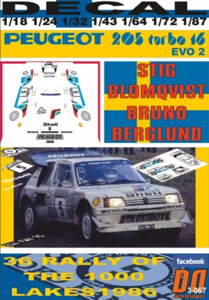 DECAL PEUGEOT 205 TURBO 16 E2 S.BLOMQVIST 1000 LAKES R. 1986 4th (01)