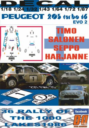 DECAL PEUGEOT 205 T16 E2 T.SALONEN 1000 LAKES R. 1986 WINNER & 205 TEST (01)
