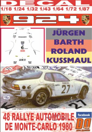 DECAL PORSCHE 924 CARRERA GTS J.BARTH R.MONTECARLO 1980 19th (01)