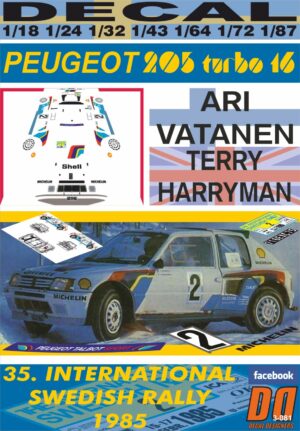 DECAL PEUGEOT 205 T16 A.VATANEN SWEDISH R. 1985 WINNER (01)