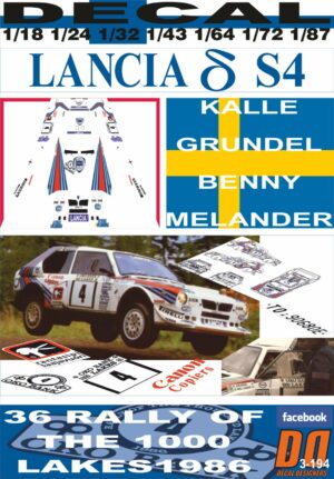 DECAL LANCIA DELTA S4 K.GRUNDEL 1000 LAKES 1986 R. 6th (01)