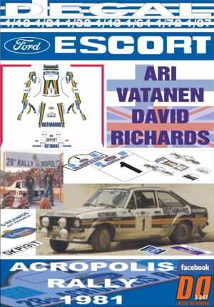 DECAL FORD ESCORT RS 1800 MKII A.VATANEN ACROPOLIS R. 1981 WINNER (01)