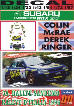 DECAL SUBARU IMPREZA 555 C.MCRAE R.SANREMO 1996 WINNER