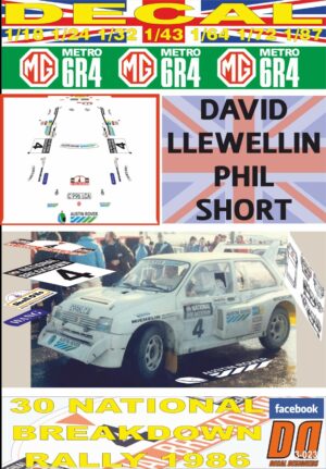 DECAL MG METRO 6R4 D. LLEWELLIN  NATIONAL BREAKDOWN R. 1986 2nd (01)