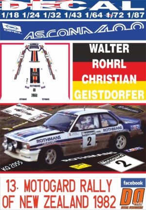 DECAL OPEL ASCONA 400 W.ROHRL R.NEW ZEALAND 1982 3rd (01)