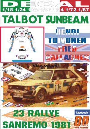 DECAL TALBOT SUNBEAM LOTUS H.TOIVONEN R.SANREMO 1981 2nd (01)