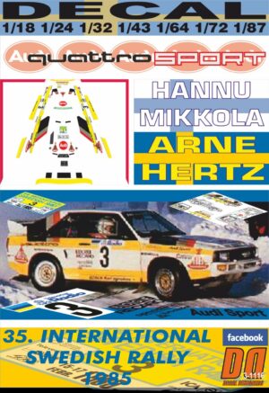 DECAL AUDI QUATTRO SPORT H.MIKKOLA SWEDISH R. 1985 4th (01)
