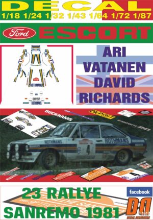DECAL FORD ESCORT RS 1800 MK II A.VATANEN R.SANREMO 1981 7th (01)